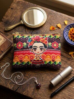 Frida Kahlo Coin Purse Makeup Bag Colorful Woven Patterned Women's Bag